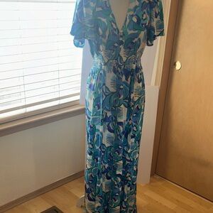Floral V-Neck Maxi Dress in Blue & Green
